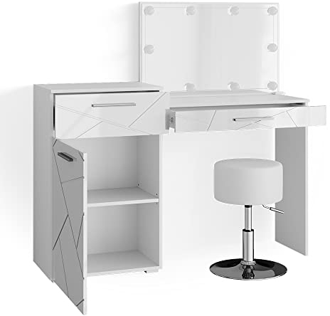 Vicco Schminktisch Irma, Weiß, 135 cm mit LED Beleuchtung und Hocker
