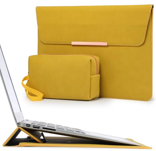 HYZUO 13.3-14 Inch Laptop Sleeve Case with Stand for MacBook Pro 14 M5/M4/M3/M2/M1 2026-2021, MacBook Air/Pro 13.3, 13.8-13.5 Surface Laptop, HP Spectre X360 13/14, Envy 13, Olive Yellow(Smiley)