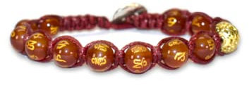 Samsara Bracciale Tibetano Buddista - Shamballa con Pietre Naturali Artigianale - Filo in Cotone Cerato Rosso (Agata Rossa Con Mantra Inciso)