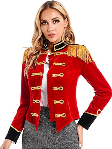 iEFiEL Damen Samt Blazer Jäckchen Dünn Langarm Jacke mit Quasten Ringmaster Kostüm Zirkus Showman Kostüme Karneval Halloween Vintage Jacke Rot S