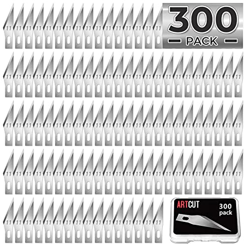 Artcut 300 Lames de Couteau de Loisirs, #11 Lame Scalpel en Acier à Haute Teneur en Carbone, Cutter De Précision Lame Couper des Autocollants, des Fruits, du Cuir, du Modélisme, Lame avec Boîte