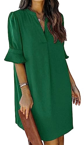 ANFTFH Damen V-Ausschnitt Kurzarm Sommer Mini Kleid Atmungsaktiv Weiche Haut-freundliche und Bequeme Tunika Kleid Dunkelgrün L
