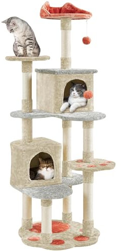 Yaheetech Cat Tree, 165cm Cat Tower for Indoor Cats, Cat Climbing Frame with Cat Paw Perches, Cozy Condos, Heart-Shaped Platform, Spring Ball & Hanging Ball, Scratching Posts