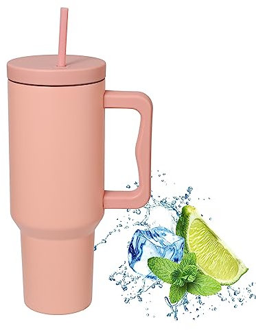 Travel Tumbler with Straw Lid and Handle,Travel Mug 40oz/30oz Stainless Steel Coffee Travel Insulated Cup Mug Leak Proof Vacuum Insulated Water Bottle for Cold & Hot Drinks (Fresh-Pink 40oz)