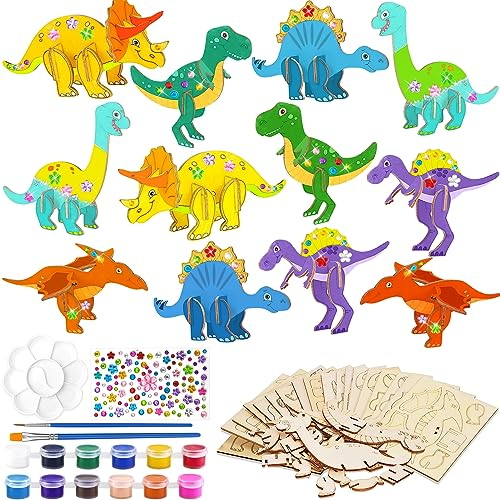Shinybox Dinosaurier Holz Bastelset, 12 Stück Dinosaurier Bastelset Kit, DIY Holz Bastelset Dinosaurier für Kinder, Holz Basteln Kinder zum Bemalen und Basteln für DIY Kinder Malen Dekoration