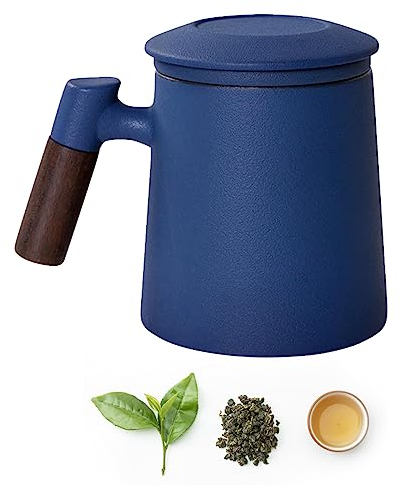 Qivine Céramique Tasse à Thé, 400ml Tasse a the avec Infuseur, Anti-brûlure Grande Tasse avec Poignée en Bois et Couvercle pour la Maison ou Le Bureau, Pour Café, Latte, Cacao Chaud