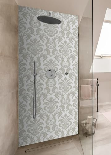 Wallario Selbstklebende Duschrückwand 70 x 180 cm mit Motiv Königliche Schnörkelei in weiß und beige - Wandverkleidung Fließenersatz mit Hochglanzlaminat in Glasoptik