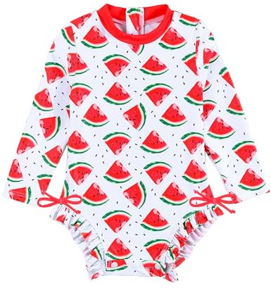 Haokaini Newborn Baby Girls One-Piece Swimsuit Long Sleeve Summer Rash Guard Swimsuit Watermelon Striped Ruffle Swimwear Bikini Bathing Suit Red