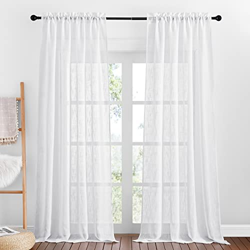 PONY DANCE Leinenoptik Vorhang Weiß Halbtransparent 2 Stücke H 260 x B 140 cm Gardinen Wohnzimmer Modern Balkontür Gardinen Leinenoptik Vorhänge mit Stangedurchzug