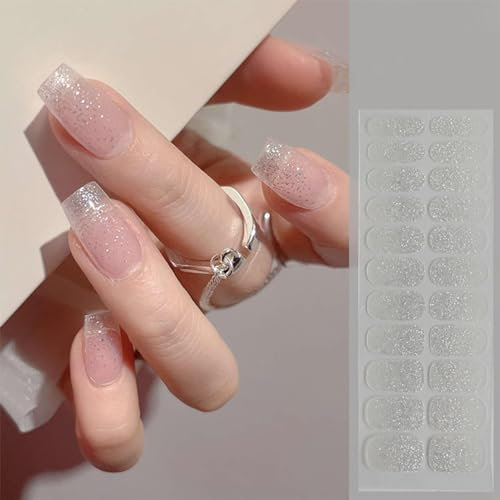 22pcs Self Adhesive Nail Art Wrap Strips - Glitter Silver Full Cover Stickers for Women Girls with UV-Free Application