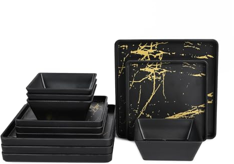 Yummost Melamine Dinnerware Sets - 12pcs Square Plates and Bowls Sets For 4, Indoor Outdoor Use, Dishwasher Safe, Black & Gold