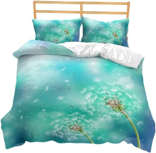KnorRs Pusteblume Muster Microfaser Bettwäsche135x200, Mintgrün Bettbezug Mit Kissenbezug Für Winter Bis Sommer Mit Reißverschluss 2teilig Set (A5,240x260cm + 80x80 cm)