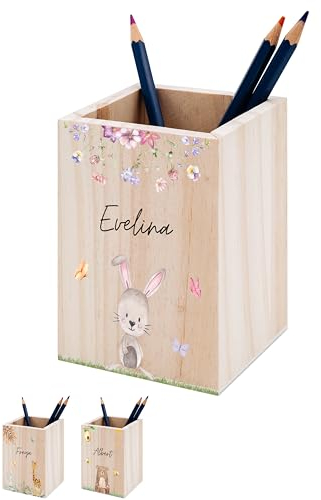 wunderwunsch® - Personalisierter Stiftehalter Kinder aus Holz - Kreativer und praktischer Schreibtisch-Organizer Kinder mit Namen - Perfektes Einschulung Geschenk und Geburtstag (Hase)