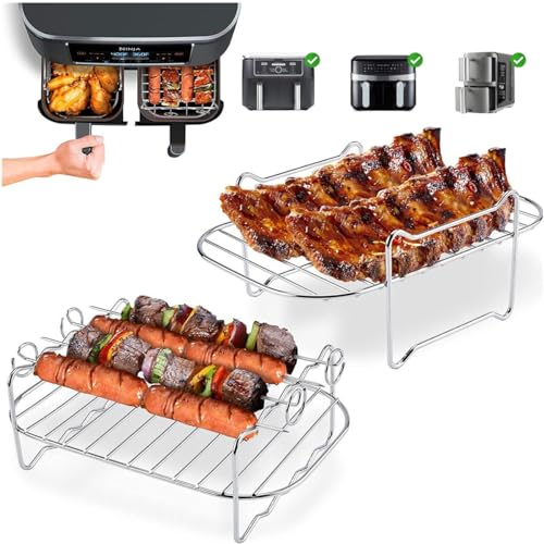 Anttyscar 2Pcs Air Fryer Rack Compatible with Ninja Food Dual Zone Air Fryer AF300UK/AF400UK SL400UK Dual Drawers, Layered Dehydrator Racks Skewer Rack 304 Stainless Steel Dual Air Fryer Accessories