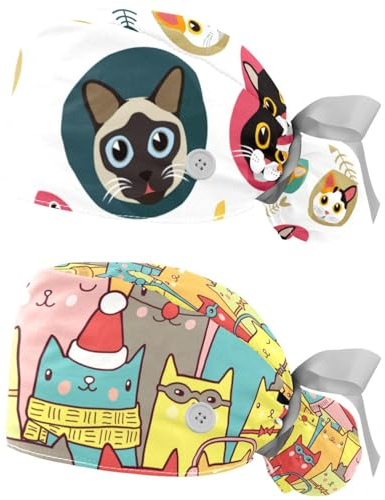 2er-Pack nahtlose Katzen Peeling-Kappen chirurgische Frauen, verstellbare elastische Bandage binden zurück Krankenschwester-Mützen für langes Haar, multi-color, S-3XL