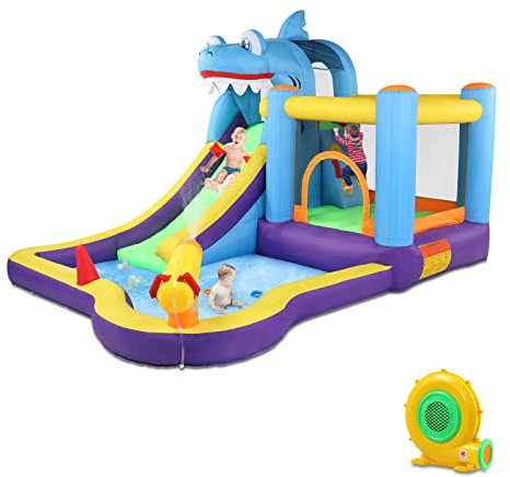 LEADZM Château Gonflable, Parc Aquatique Gonflable Thème Requin avec Trampoline, Toboggan, Piscine, Pistolet à Eau, Adapté pour 3 Enfants de 3 à 10 Ans, avec Souffleur, 380x260x240 cm