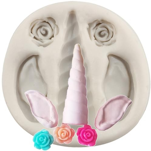MINFEIDMS Einhorn Silikonformen Einhorn Horn Ohren Fondant Form Rose Blume Süßigkeiten Form für Zucker Kuchen Dekorieren Cupcake Topper Schokolade Gummipaste Polymer Clay