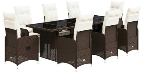 vidaXL Garten Bistroset 9-TLG., Balkonset mit Kissen, Gartenmöbel Tisch 8 Verstellbare Stühle, Balkonmöbel Sitzgruppe Gartengarnitur, Braun Poly Rattan
