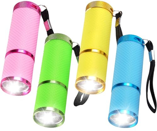 MODOAO LED-Taschenlampe, 4 Stück, gemischte Farben, 9 superhelle Taschenlampen, batteriebetrieben, bunt, leuchtet im Dunkeln, tragbare Taschenlampe, mit Schlüsselbändern, für Camping, Wandern,