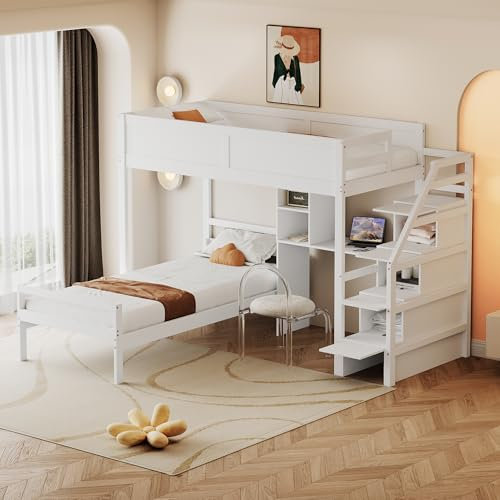 Dolamaní Letto a soppalco 2 in 1, 90 x 200 cm, con scrivania e scale, sicurezza con vano portaoggetti nascosto, letto a castello con rete a doghe alta, protezione dalle cadute (bianco)