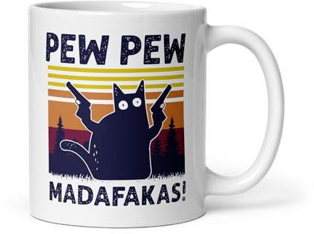 Pew Pew Madafakas Tasse mit Spruch | Lustiger Statement Becher | Keramik Kaffeetasse 330ml | Katze Design, Geschenkidee