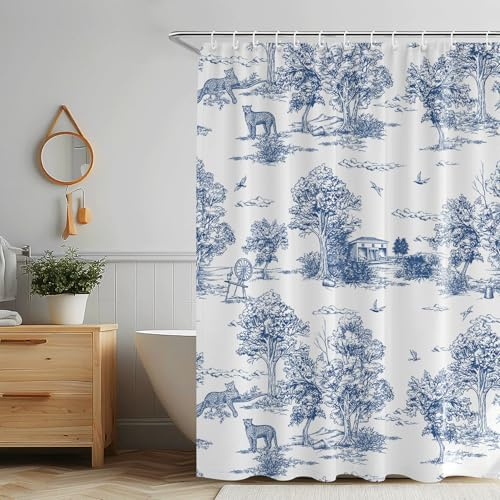 LOVOUS Vintage French Toile de Jouy Shower Curtain, Blue and White Fabric Shower Curtains for Bathroom, 72x72 Farmhouse French Countryside Curtain Home Bath Decor