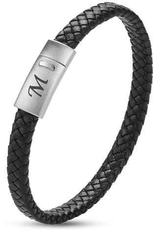 SHIEAGLELD Bracelet en cuir Hommes avec lettres gravées en A-Z Bracelet pour hommes, Bracelet à fermeture magnétique tissé à la main pour hommes, D'Accessoires de Mode Pour Homme