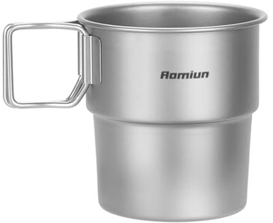 Aomiun Titanium Camping Cup 300ml – Ultralight Stackable Coffee Mug, Foldable Handle & Leak-Proof Design for Backpacking, Hiking, Campfire Cooking (Survival Gear)
