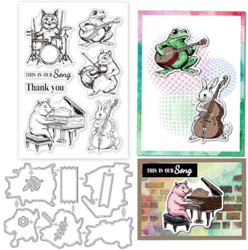 GLOBLELAND Musikalische Tiere Silikonstempel Metall Stanzformen Malschablonen Für Die Kartenherstellung Katze Frosch Schwein Stempel Stanzformen Schablonen Set Für DIY Scrapbooking Kunsthandwerk