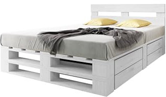 Lermowood Palettenbett M2 aus Holz 140 x 200 cm Weiß mit Kopfteil und 2 Bettkästen Holzbett 40cm Stabiles Seniorenbett Kinderbett Jugendbett Gästebett erhöhtes Bettgestell Futon Komforthöhe Naturholz