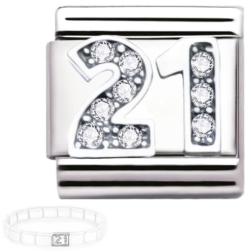 Number Birthday CHARM Fit Italian Style Link Bracelet 9 mm Stainless Steel Classic Stretch Modular Bracelets Compatible with nominations bracelet 16 18 21 30 40 50 60 70 (Charm 21)