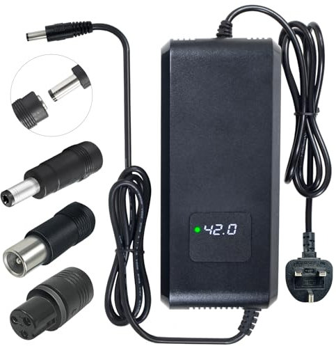 battery charger 42V 5A,36V lithium battery, UKCA certified, LED display and multiple protection and repair functions, equipped with connectors RCA 8mm, DC 5.5 * 2.1mm, GX12