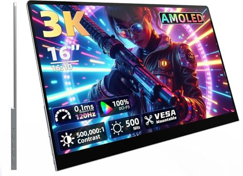 QuinnCent - Monitor portátil Oled con altavoces - 16 pulgadas 3K 2880X1800, 120Hz y respuesta de 0.1 Ms, relación de contraste 500000:1, 5000 nits, montaje Vesa, pantalla USB C/HDMI para laptop, Mac