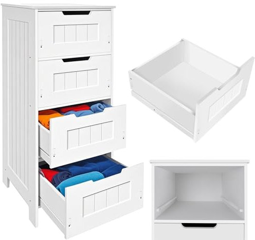 Plastic Drawers Storage Unit, Modern White Bedroom Chest of Drawers, PVC Waterproof Bathroom Floor Storage Cabinet, Multi-purpose Freestanding Narrow Cupboard Organiser for Living Room Kitchen