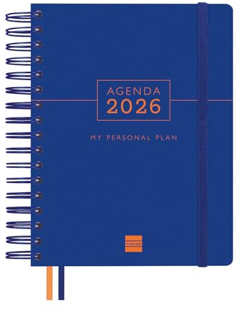 Finocam - Kalender 2026, 1 Tag pro Seite, Januar - Dezember (12 Monate), Jahresplaner 2026, mit Gummizug und 2 Strickbändern, Doppelspiralbindung, Hardcover, Blau, Spanisch