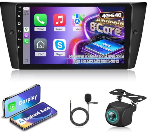 8 Core Qualcomm 4G+64G Autoradio für BMW 3 Series 325i 328i 335i E90 E91 E92 E93 2005-2013 mit Wireless Carplay & Android Auto, 9 Zoll Android Autoradio mit WiFi/GPS/Bluetooth 5.1/FM RDS Radio
