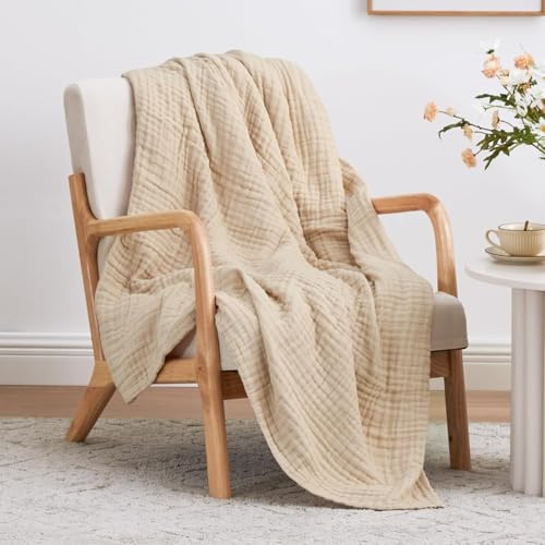 iyoimono Baumwolle Decke für Erwachsene Beige Musselin Decke 150 x 200 cm | Weiche und Atmungsaktive Tagesdecke Universale Sofadecke Leichte Bequeme Baumwoll Musselin Decke für Ganze Saison