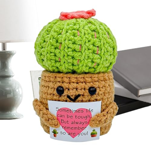 Yuemeuy Muñeca De Ganchillo Decoración | Muñeca De Maceta De Cactus De Crochet | Adorno Inspirador con Tarjeta De Motivación para Cumpleaños Graduación Estantería