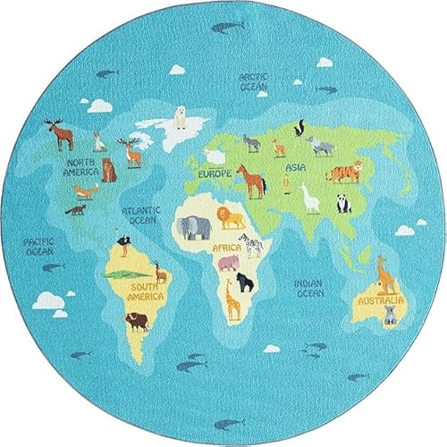 Mia´s Teppiche Joy Kids - Kinderzimmer, Kinderteppich, Spielteppich, Weltkarte, Tiere, Blau, 160 cm Rund