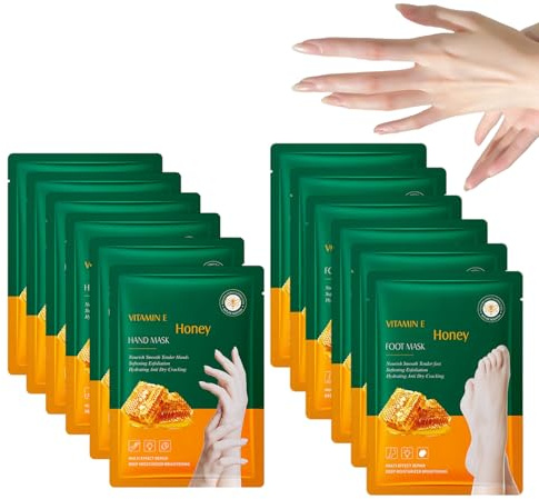 Lot de 6 paires de masques pour les mains et les pieds au miel, soin intensif de la peau sèche et craquelée, effet exfoliant doux en cas de sécheresse et de rugosité, 6 paires de masques pour les