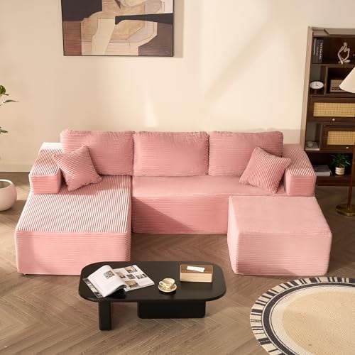 Litbird U-förmiges modulares Ecksofa 272 cm mit Schlaffunktion, rahmenloses Oversize Schlafsofa mit Chaiselongue Links, extra Tiefe Sitzfläche, montagefrei – für Wohnzimmer & Schlafzimmer,Rosa