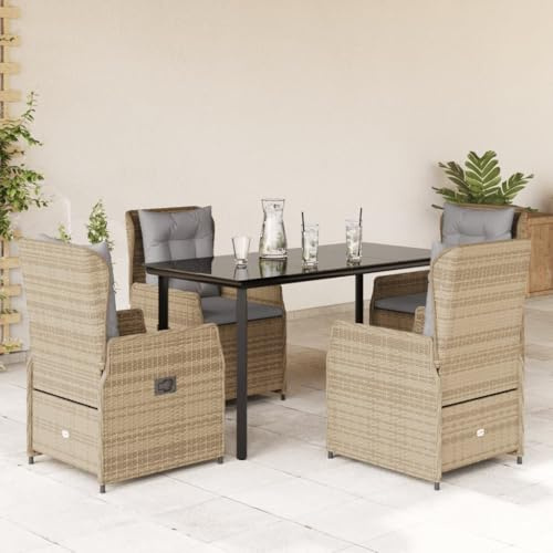Owoxanthellate 5-TLG. Gartenmöbel Set 140 x 70 cm Poly-Rattan Beige stapelbare Freizeit-Sitzgruppe verstellbare Rückenlehne Robustes Glas & Stahl Gartentisch für Balkon Terrasse Pool Lounge
