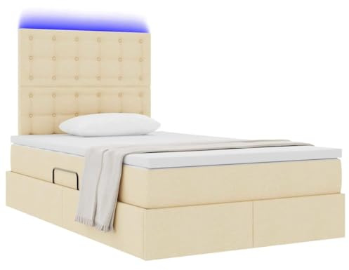 vidaXL Bett mit Stauraum und LED mit LED Creme 120 x 190 cm Polyester, Moderner rechteckiger Stauraum-Bett, hydraulischer Lift, Metallrahmen, LED und unter Bett