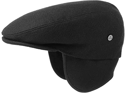 LIERYS Teflon Flatcap mit Ohrenklappen Damen Herren Made in Italy Wollmütze Wasserabweisend Gefüttert Herbst Winter schwarz 56 cm