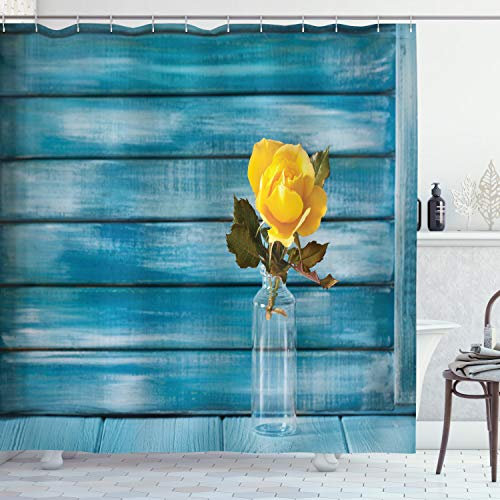 ABAKUHAUS Blume Duschvorhang, Blühende gelbe Rose in einem Glas, Stoffliches Gewebe Badezimmerdekorationsset mit Haken, 175 x 180 cm, Petrolblau Gelb