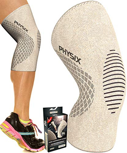 Physix Gear Kniebandage, Kompressionsbandage, Alternative zur Knieschiene, für Damen und Herren, Kniebandage für Krafttraining, Knieschoner (XL-Schwarz & Beige, 1 Stück)