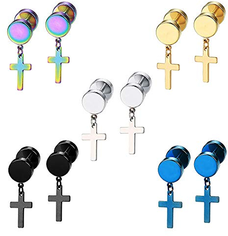 Epoch World 5 Paare Edelstahl Ohrringe Männer Ohrstecker für Herren Damen, Ohrringe Kreuz HerrenOhrstecker Kreuz Silber Gold Schwarz Piercing Tunnel 8MM