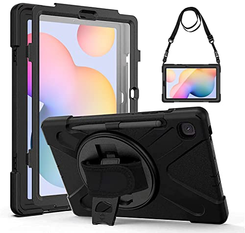 Gerutek Funda Anticaída Samsung Galaxy Tab S6 Lite 10.4 (2024/2022/2020), SM-P620/P625/P613/P619/P610/P615, Carcasa Rugosa con Protector Pantalla, Soporte 360° Giratorio, Correa de Mano/Hombro, Negro