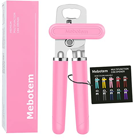 Mebotem 10 Colors Can Opener Manual Handheld Heavy Duty Hand Can Opener Smooth Edge Stainless Steel Can Openers Top Lid Kitchen Gadgets, Best Large Rated Easy Turn Knob, with Bottle Opener, Pink