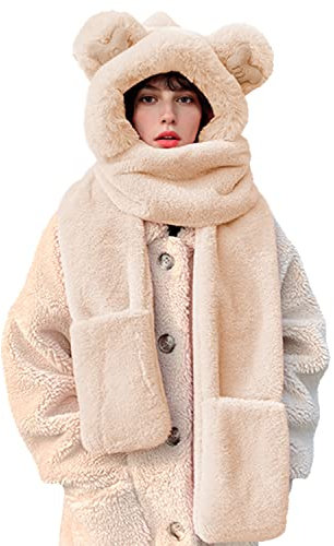 Rayson 3 In 1 Winter Womens Mütze Schal Damen niedlichen Bär Kapuzenschal Hut Mit Pelzigen Handschuhe Warme Mädchen Hut Handschuhe Schal Set Winterschal Ohrenschutz für Outdoor